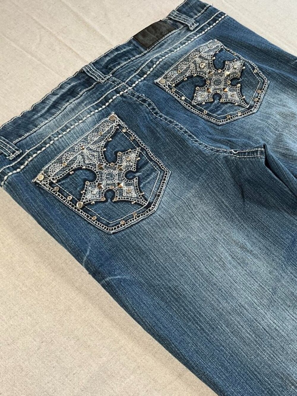 Womens Soundgirl Afflcition Style Embellished Flap Pockets Blue Jeans (Sz 17)